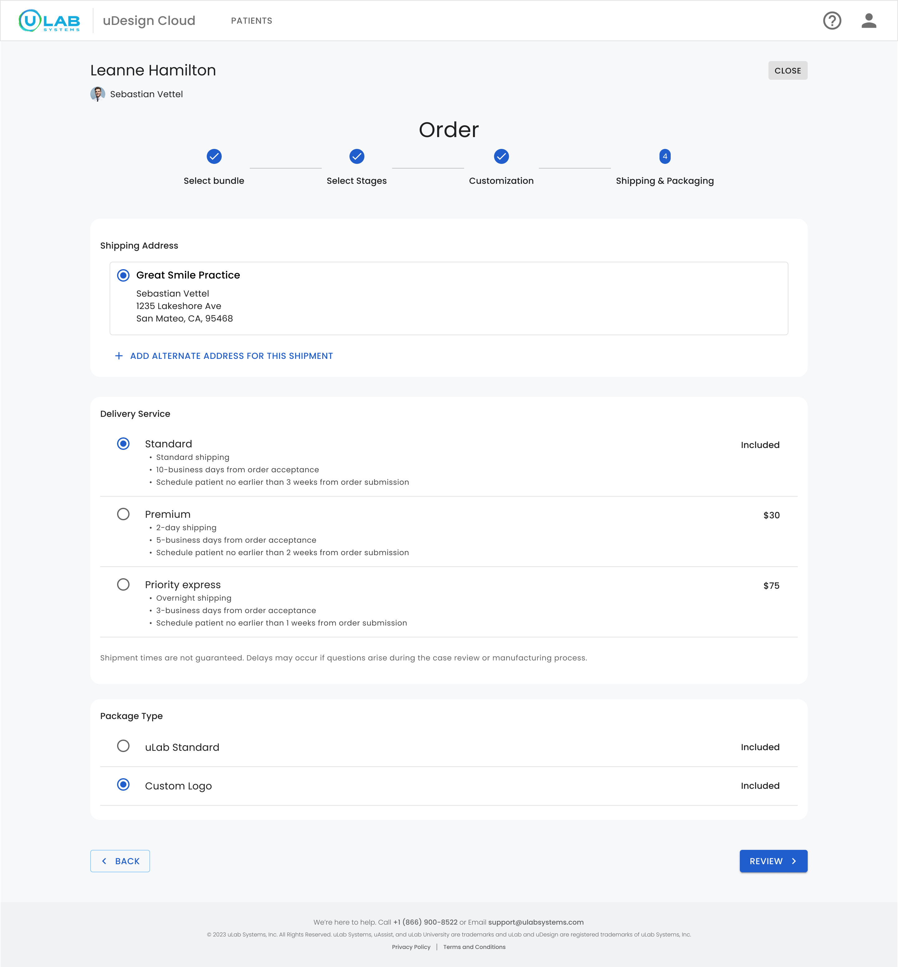 Full-screen uCloud shipping and packaging step